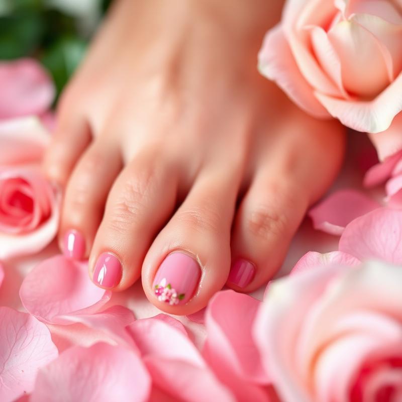 Pink pedicure with floral nail art